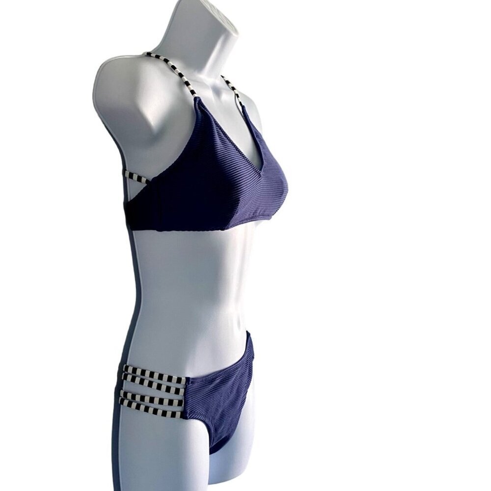 Cupshe Two Piece Blue Ribbed Strappy Low Waist Bikini Swim Suit Medium NEW NWT - Picture 4 of 12